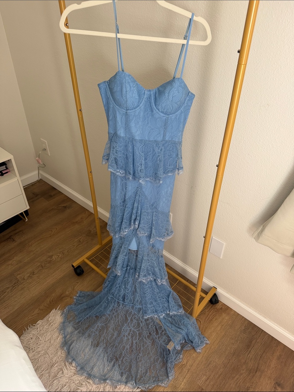 MAJORELLE Robins Egg Blue Lace Tiered Maxi Dress with Spaghetti Straps